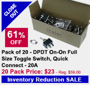 Box of 20 - DPDT On-On Full Size Toggle Switch, Quick Connect - 20A