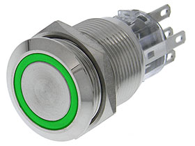 SPDT Lighted Pushbutton Switch, Momentary, 12V Green LED