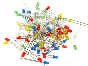 LED Assortment, 3mm, 20each Red, Green, Yellow, Blue & White