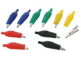 Pack of 10 -  45mm Alligator Clips & 2ea. Red,  Blue, Yellow, Green & Black Boots