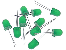Pack of 10 - 10mm Green  LEDs - Diffused